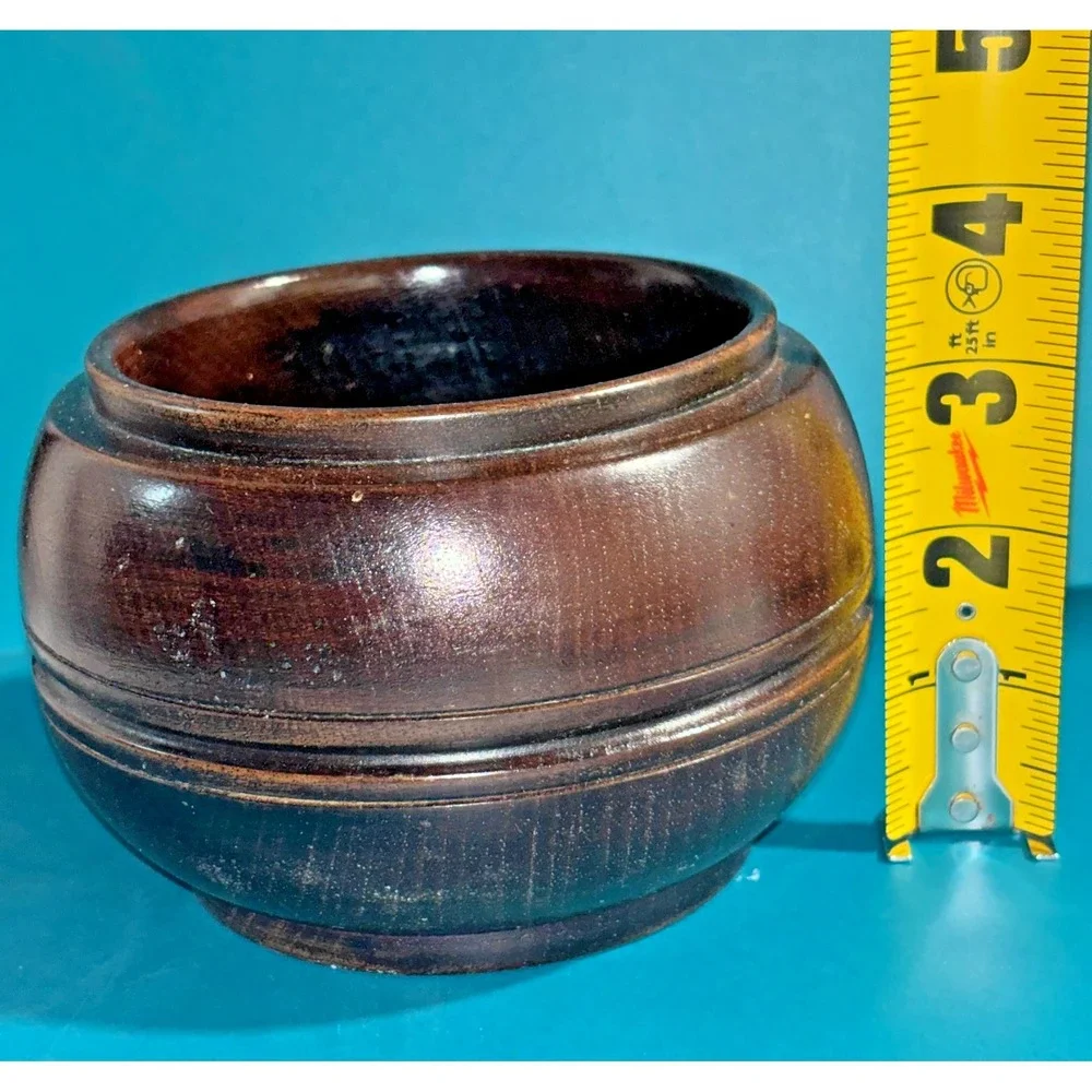Vintage Turned Wood Bowl PLZ Marked 4in Hardwood Round Trinket Dish